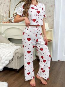 心形印花蕾丝拼布短袖上衣和长裤女式睡衣套装