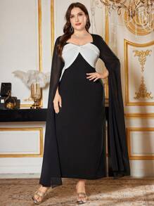 Modelyn Plus Size Women Color Block Patchwork Knitted Bodycon Mini Dress - Black - View 3