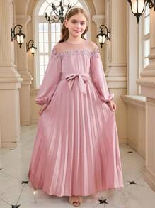 Tween-Mädchen einfarbiges Patchwork Punkt Mesh Rüschen Ärmel Schleife Plissee rosa Lässig Kleid, Party, Schule Start, feminin, französisch elegant, Prinzessinen Stil, Hochzeit, Geburtstag, Valentinstag