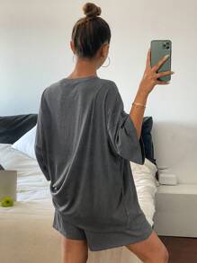 Livesso Minimalist Comfortable Ribbed Knit Fabric Loose T-Shirt & Shorts 2 Pieces Pajama Set For Women - Dark Grey - View 2
