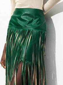 Maija 女士绿色 PU 纯色流苏边百搭现代派对高腰多层流苏裙，适合所有季节
