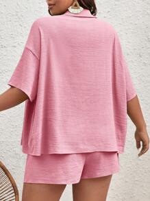 SHEIN VCAY 2 stuks/set plus size dames effen kleur korte mouwen shirt en shorts