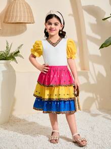 SHEIN 2 pièces/Set Top à manches bouffantes en tricot unicolore et jupe assortie pour jeunes filles - Multicolore - Voir 5