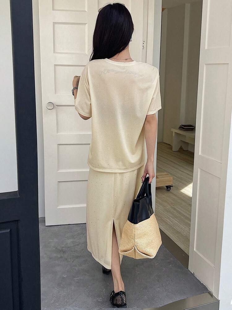 2pcs/Set: Solid Color Round Neck Short Sleeve T-Shirt And Skirt For Women