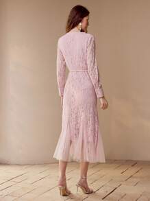 MOTF PREMIUM VESTIDO CORTE SESGADO DE CONTRASTE DE ENCAJE Y MALLA - Rosa - Ver 7