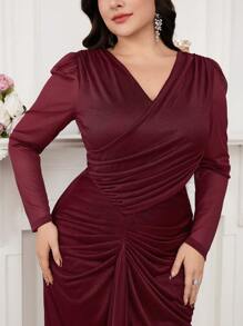 Modelyn Plus Size Simple Fashion Casual Daily Long Sleeve Solid Color Dress - Burgundy - View 6