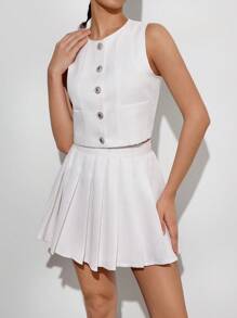 Aveloria Affinna Conjunto de traje de mujer de estilo simple de moda con chaleco corto con botones al estilo chic francés campus combinado con falda mini plisada de cintura alta formando un conjunto de tweed - Blanco - Ver 6