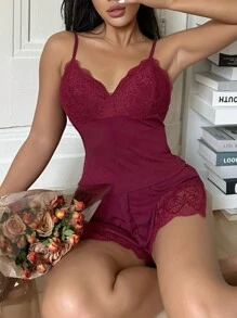 Sexy Lace Panel Women Sleepwear Pajama Set Cozy And Elegant Details, Fall Winter Clothes - Burgundy - View 6