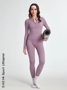 SHEIN Dewbera Seamless High Stretch Long Sleeve Top And Long Pants Sports Yoga Active Wear Setwomen Workout Set - Brown - View 1
