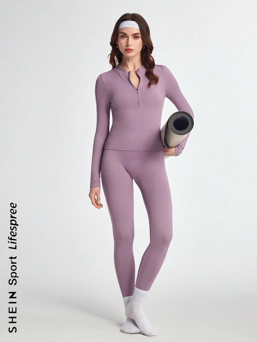 SHEIN Dewbera Seamless High Stretch Long Sleeve Top And Long Pants Sports Yoga Active Wear Setwomen Workout Set - Brown - View 1
