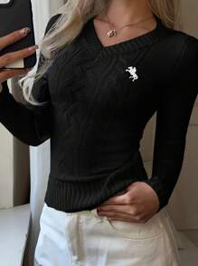 CovetEZ Women's Casual Minimalist Embroidery Detail Sweater,Tops For School In Fall/Winter - Black - View 3