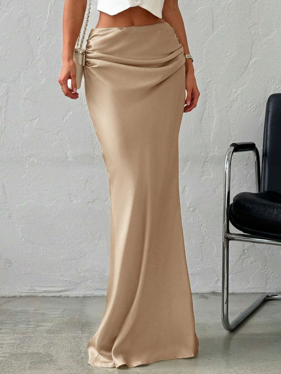 Firerie Women's Elegant Minimalist Romantic Date & Office Wear Versatile Solid Color Satin Maxi Skirt, Beige Color, Autumn/Winter - Khaki - View 1