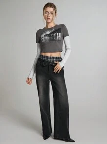 Easelle 女士灰色条纹拼布短款 T 恤，休闲