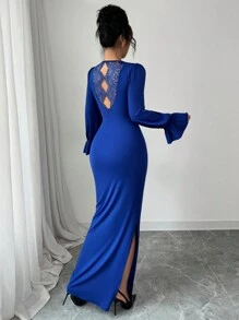 Modelyn Long Sleeve Lace Patchwork Fitted Ruffle Hem Dress For Women - Blue - View 2