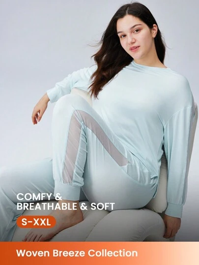 LUVLETTE Soft Breathable Mesh Long-Sleeve Crewneck Top & Pants Loungewear Pajama Set Sport Casual Comfy Outfits Activewear Pants With Pockets Lingerie As Outerwear Lounge Sets For Women, Fall Clothes