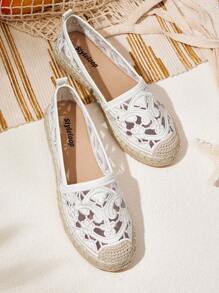 Styleloop White Embroidered Round Toe Rope Flat Shoes, Casual For Vacation, Party, Date, Bohemian, Western, Music Festival, Party Outfit - White - View 1