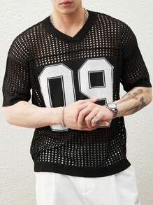 Manfinity CasualKnits Men's Casual College Style Sports Hollow Digital Pattern V-Neck Knit Sweater - Black - View 4