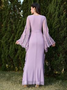 Modelyn Women's Elegant Solid Color Ruffle Flare Sleeve Dress - Dusty Purple - View 2