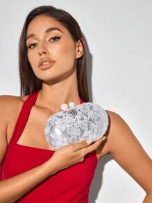 SHEIN BAE Women's Lace Elegant Evening Clutch Bag, Suitable For Dating, Valentine's Day - Silver - View 3