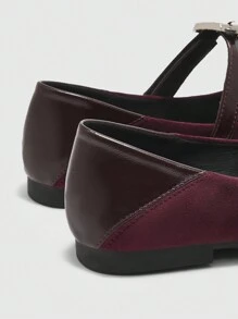 CUCCOO BIZCHIC Retro Style Striped Button Design Square Toe Flat Shoes, Simple Casual Comfortable Classic Vintage Solid Color Velvet & PU Leather Splice Women Mary Jane Flats, Suitable For Work, Campus, Commute Spring Shoes Spring Break Easter - Burgundy - View 8