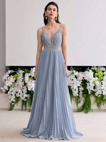 MOTF Soiréza 优雅细肩带水钻细节褶饰正式宴会礼服晚礼服 - 藍色 - 查看 5