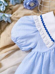 Young Girl Adorable Peter Pan Collar Ruffled Sleeve Plaid Loose Casual Dress, Blue Gingham Lantern Sleeves, Sailor Style, Suitable For Spring/Summer - Blue - View 3