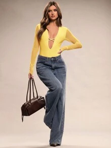 SHEIN BAE Women's Solid Color Deep V-Neck Mesh Panel Long Sleeve Sexy Bodysuit - Yellow - View 5