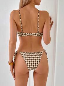 随机花卉印花褶皱女式比基尼套装，配有胸罩和系带侧裤，适合夏季海滩度假 - 彩色 - 查看 2