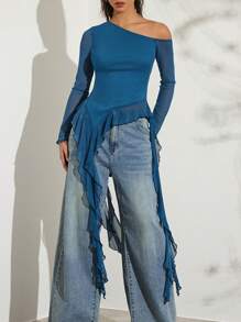 Glamine 浪漫春季不对称水母丝带荷叶边不对称斜肩短袖纯色紧身弹力网眼女式T恤 - 藍色 - 查看 7