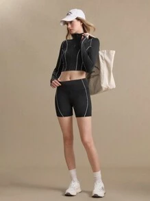 Gameset SHEIN Sport 2 件套拼色短款上衣和修身短裤运动套装 - 黑色 - 查看 4