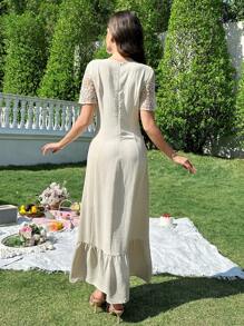 Modelyn Women Elegant Solid Color Lace Splice Bow Decor Long Dress - White - View 5