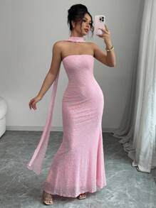 Rafferiza Đầm Maxi Maxi Dài Tay Không Dây Xếp Nếp Họa Tiết Hoa Lưới Màu Hồng Thanh Lịch Cho Nữ - Hồng - Xem 1