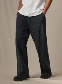 SWAVVY Men's Standard Size Fashionable Casual Distressed Washed Textured Splicing Loose Wide Leg Straight Fit Pants, Dark Gray