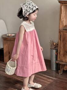 Dazy Kids Young Girl Contrast Lace Sleeveless Round Neck Dress - Pink - View 4