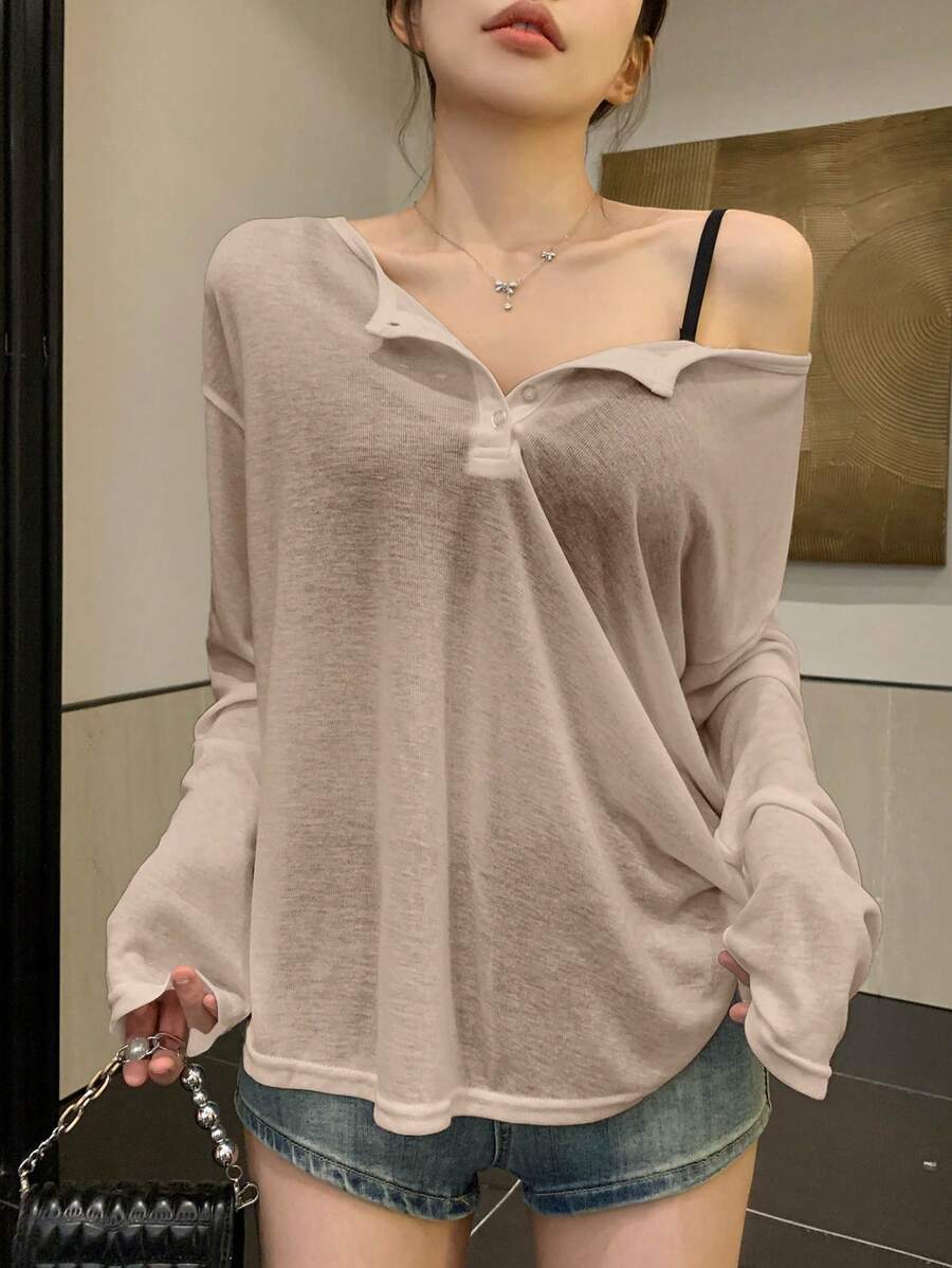DAZY 女士纯色长袖 T 恤，简约时尚休闲日常穿着 - 咖啡棕 - 查看 1