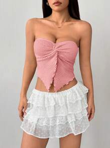 SHEIN PETITE 度假女士杏色针织纹理抹胸搭配扭曲不对称下摆背心 - 粉色 - 查看 7