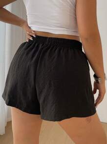 Flirla Pantalones cortos de talla grande de unicolor con bolsillos en diagonal, cintura elástica y cierre delantero de cremallera - Negro - Ver 2