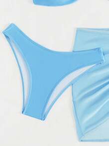 Swim SXY 3-Piece Spring Break Set: Solid Color Bandeau Sexy And Elegant Holiday Bikini, Paired With Starfish Metal Accessory, Mesh Side Gather Skirt, Beach Party Women Swimwear For Summer Beach Vacation