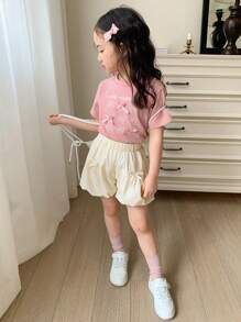 Dazy Kids 两件套蝴蝶结装饰短袖短裤套装，适合小女孩、女孩夏季服装