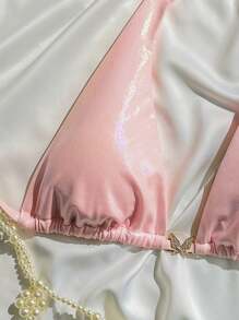 SHEIN Swim 女士泳装比基尼上衣，简约性感金箔蝴蝶点缀，春假设计，适合夏季海滩度假 - 粉色 - 查看 5