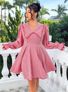 SHEIN EZwear Plus Size Lente/Zomer Vakantie Picknick Roze Geruite Swing A-lijn Jurk Met Peter Pan Kraag