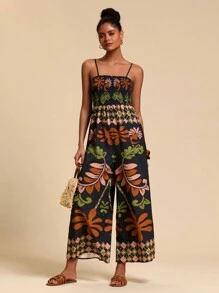 Travachic Vacation Casual Printed Spaghetti Strap Jumpsuit - Black - View 3