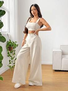 Muchica 夏日度假亚麻方领吊带背心和阔腿长裤套装