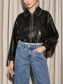 AiiRZ Premium Distressed Leather Zip-Up Bomber Jacket Contemporary Street Style Collared Fashion Outerwear Urban Casual Fall Winter Moto-Inspired