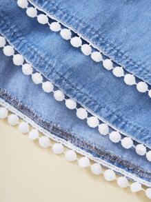 SHEIN 女婴Y2K极简时尚休闲日常白色珍珠荷叶边蓝色牛仔荷叶边层叠半身裙，儿童春夏休闲度假乡村波西米亚风服装，复活节海滩女童装，春假 - 淺色水洗藍 - 查看 5