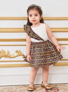 SHEIN 女婴夏季假期可爱荷叶边短款上衣和迷你裙套装 - 白色 - 查看 1