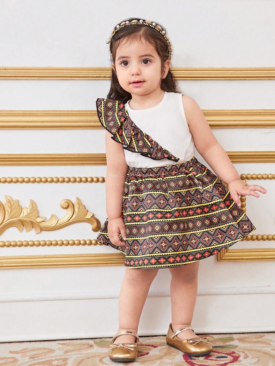 SHEIN 女婴夏季假期可爱荷叶边短款上衣和迷你裙套装 - 白色 - 查看 1