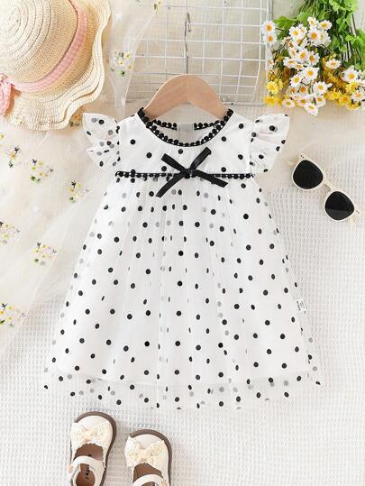 Glamorique Kids New Spring/Summer Fashion Elegant Polka Dot Dress For Baby Girls, Soft Fabric, Stylish & Design, Suitable For Indoor Or Outdoor Activities