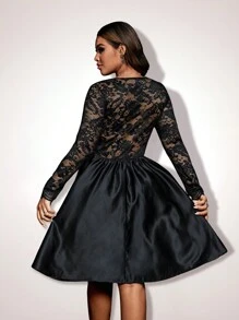 SHEIN Belle Plus Size Women V-Neck Lace Long Sleeve A-Line Back To School Party Dress - Black - View 2