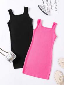 SHEIN 年轻女孩纯色方领吊带背心连衣裙 - 彩色 - 查看 2